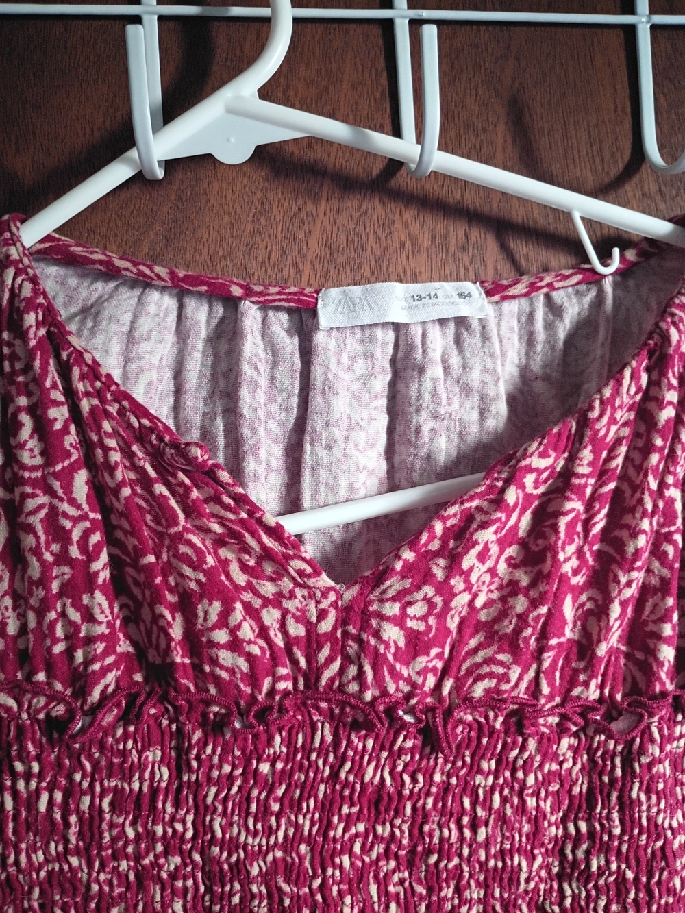 Zara Fuchsia Printed Smocked V-Neck Blouse
